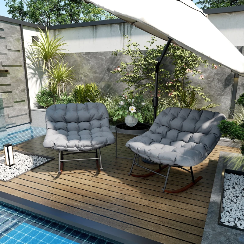 Outsunny Outdoor Rocking Chair Patio Set of 2, Oversized Rocking Papasan Chairs with Cushions for Garden Porch, 265 lbs., Gray