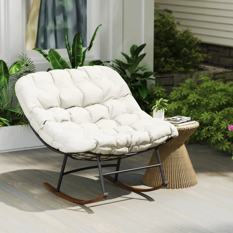 Outsunny Outdoor Rocking Chair Patio Set of 2, Oversized Rocking Papasan Chairs with Cushions for Garden Porch, 265 lbs., Beige