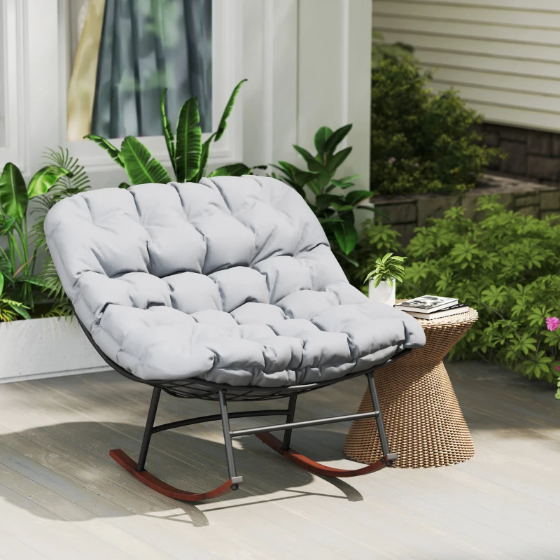 Outsunny Outdoor Rocking Chair Patio Set of 2, Oversized Rocking Papasan Chairs with Cushions for Garden Porch, 265 lbs., Gray