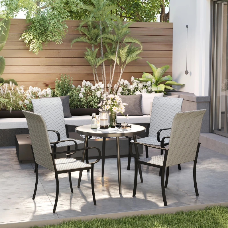 Outsunny Set of 4 Outdoor Wicker Dining Chairs with Armrest, Steel Frame, High Back and Deep Seating, Gray