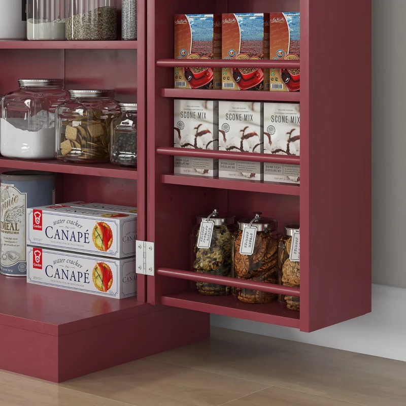 HOMCOM Freestanding Kitchen Pantry, Kitchen Storage Cabinet with 5-Tier Shelf, 12 Spice Racks, Adjustable Shelves, Red