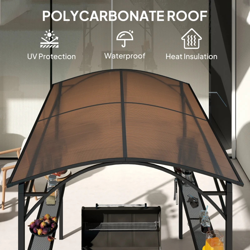 Outsunny 8' x 5' Hardtop Grill Gazebo, Outdoor BBQ Gazebo with PC Board Roof, BBQ Canopy Gazebo with 2 Side Shelves and 10 Hooks