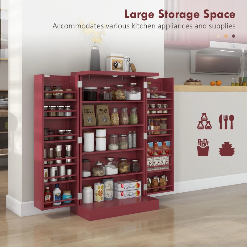 HOMCOM Freestanding Kitchen Pantry, Kitchen Storage Cabinet with 5-Tier Shelf, 12 Spice Racks, Adjustable Shelves, Red