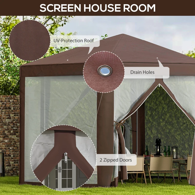 Outsunny 13' x 11' Hexagonal Party Tent, Canopy Tent with Nettings, Zipped Doors for Garden, Patio, Outdoor, Brown