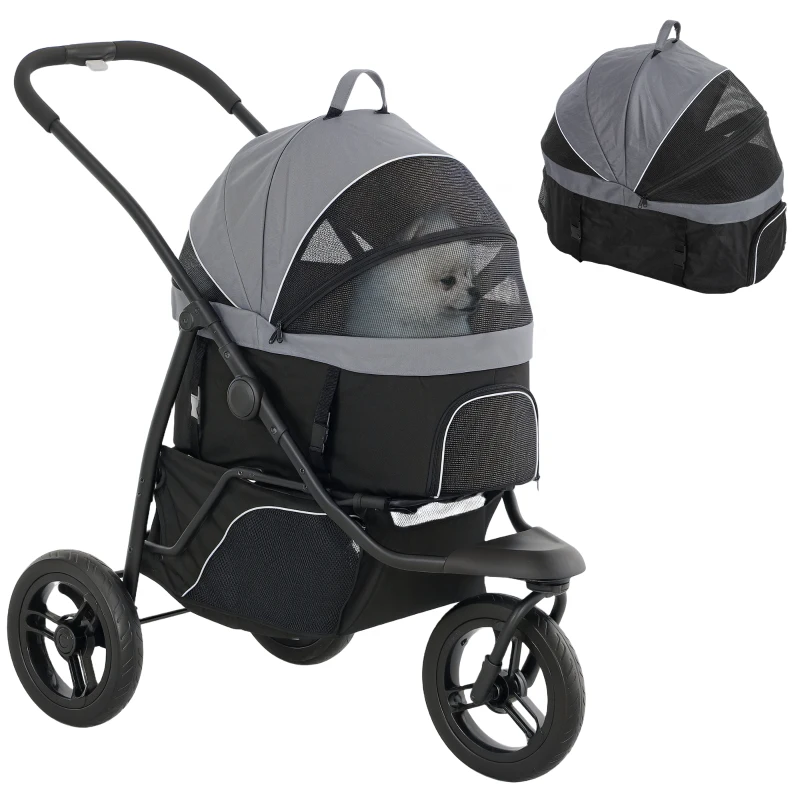 PawHut 3 in 1 Pet Jogging Stroller for Small Dogs and Cats with Detachable Carrier, Storage Basket, Gray