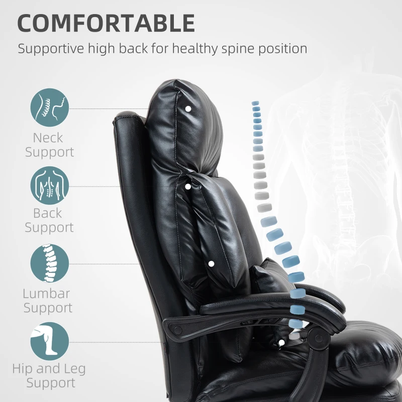 HOMCOM Overstuffed Office Chair, High Back Desk Chair with Foot Rest, Reclining PU Leather Computer Chair, Black