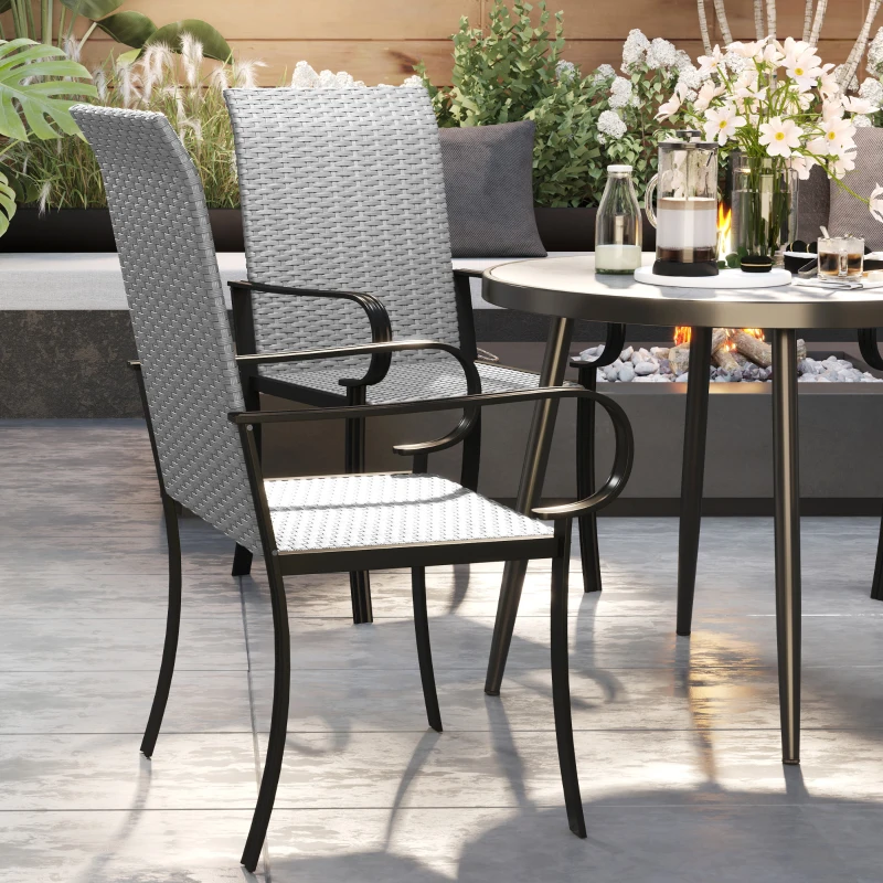 Outsunny Set of 4 Outdoor Wicker Dining Chairs with Armrest, Steel Frame, High Back and Deep Seating, Gray