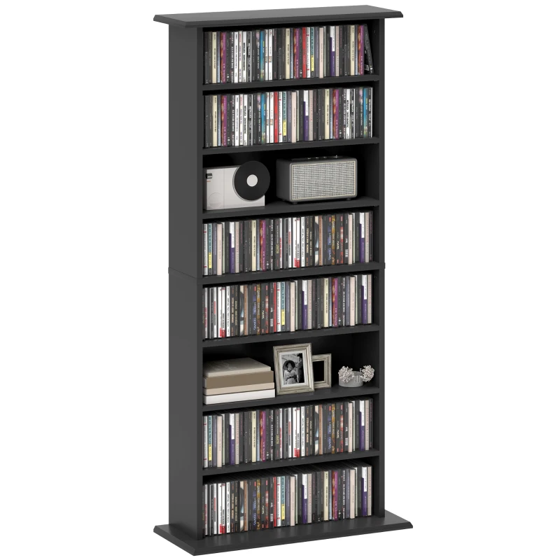 HOMCOM 8-Tier DVD Shelf with 6 Adjustable Shelves, Slim CD Shelf, Holds 360 CDs, 185 DVDs or 185 Blu-rays, Black