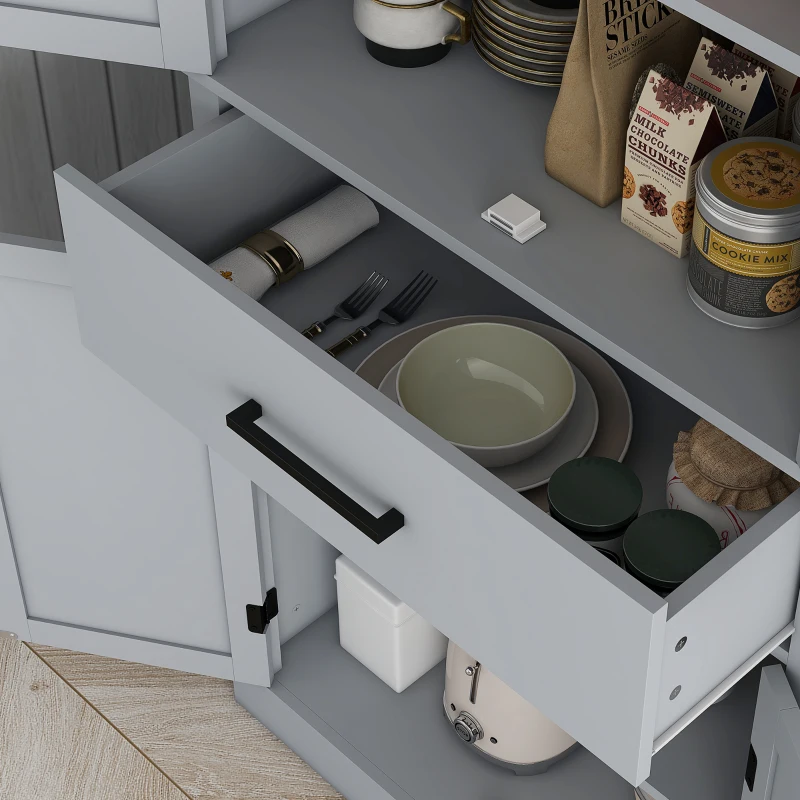 HOMCOM 72" Kitchen Storage Cabinet, Farmhouse Kitchen Pantry Cabinet with 4 Barn Doors, Drawer, Adjustable Shelves, Grey