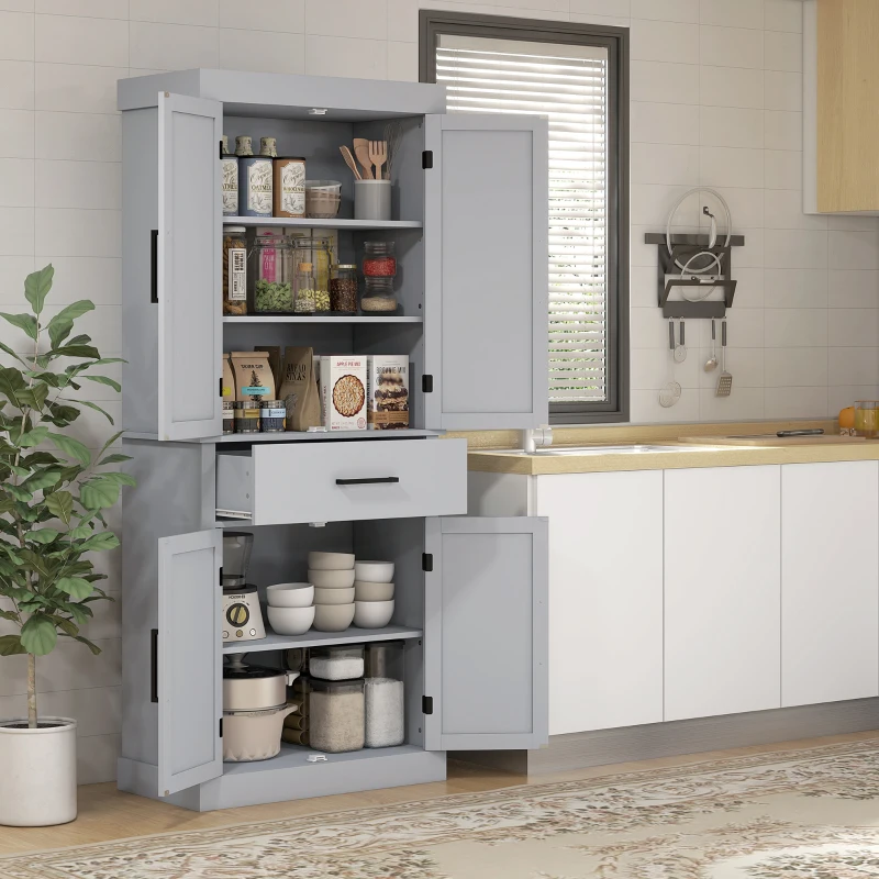 HOMCOM 72" Kitchen Storage Cabinet, Farmhouse Kitchen Pantry Cabinet with 4 Barn Doors, Drawer, Adjustable Shelves, Grey