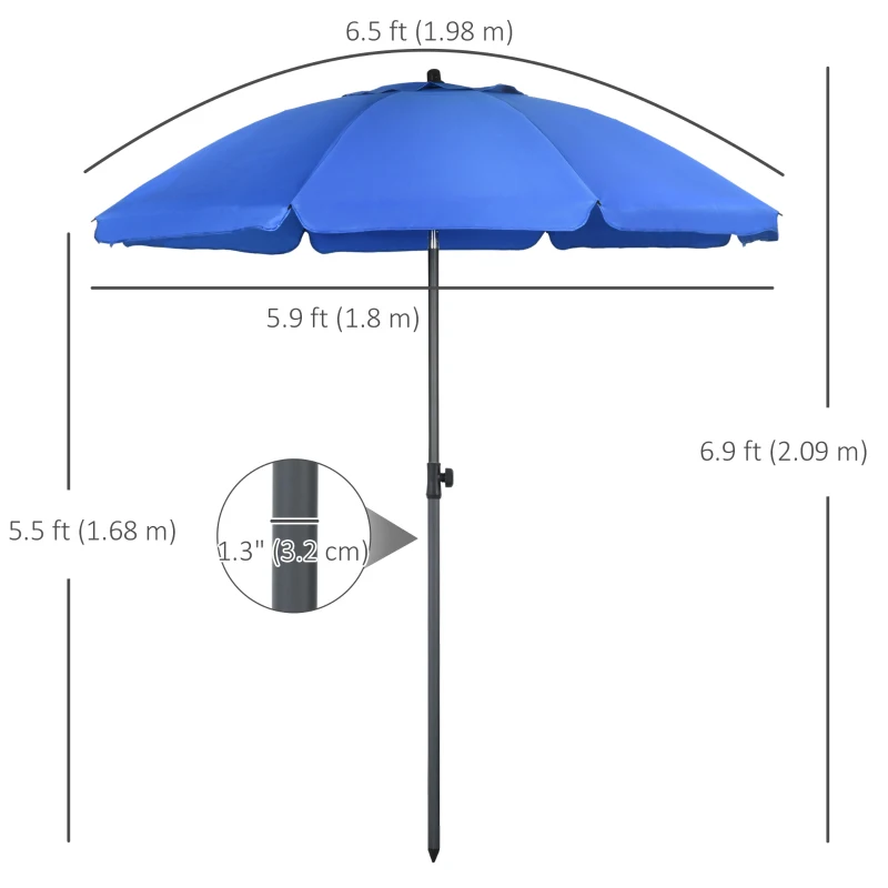 Outsunny 6ft Beach Umbrella, Outdoor Sun Shade Parasol with Push Button Tilt, Ruffled  UV50+ Vented Canopy, Blue