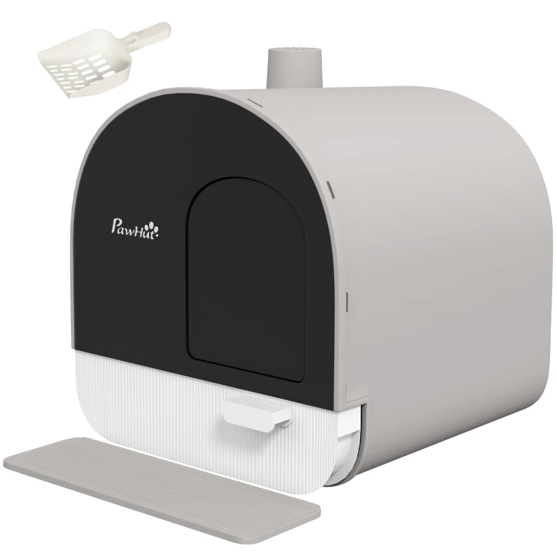 PawHut Cat Litter Box with Lid, Removable Tray, Scoop, Filter, Light Grey