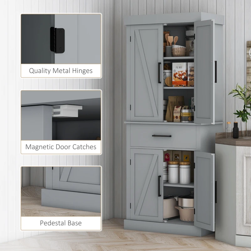 HOMCOM 72" Kitchen Storage Cabinet, Farmhouse Kitchen Pantry Cabinet with 4 Barn Doors, Drawer, Adjustable Shelves, Grey