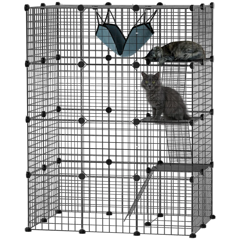 PawHut 4-Tier DIY Large Cat Cage with Hammock, Platforms, Ramps, Accessories for 1-3 Cats, Indoor Use, Black