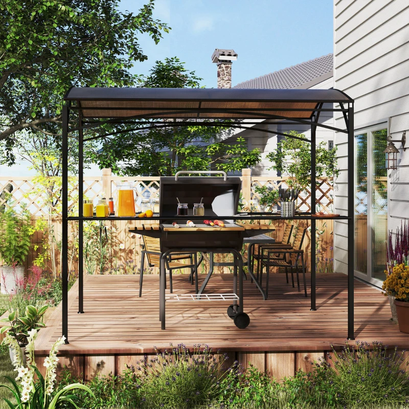Outsunny 8' x 5' Hardtop Grill Gazebo, Outdoor BBQ Gazebo with PC Board Roof, BBQ Canopy Gazebo with 2 Side Shelves and 10 Hooks