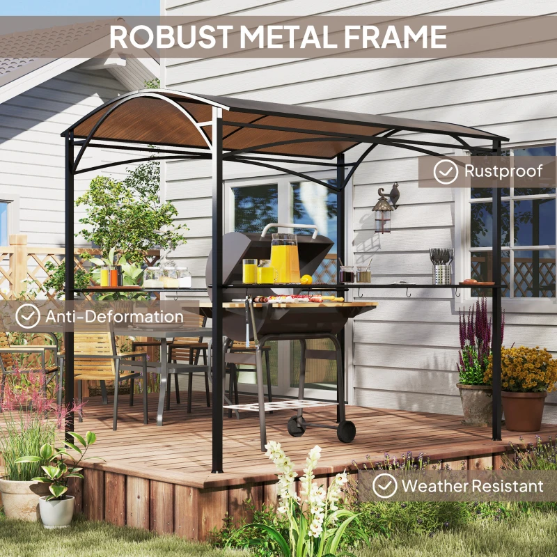 Outsunny 8' x 5' Hardtop Grill Gazebo, Outdoor BBQ Gazebo with PC Board Roof, BBQ Canopy Gazebo with 2 Side Shelves and 10 Hooks