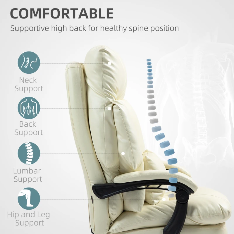HOMCOM Overstuffed Office Chair, High Back Desk Chair with Foot Rest, Reclining PU Leather Computer Chair, Cream White