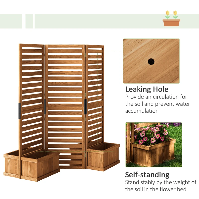 Outsunny Outdoor Privacy Screen Wood Privacy Panel with 4 Planter Boxes, Raised Bed with 3 Panels, Drainage Holes