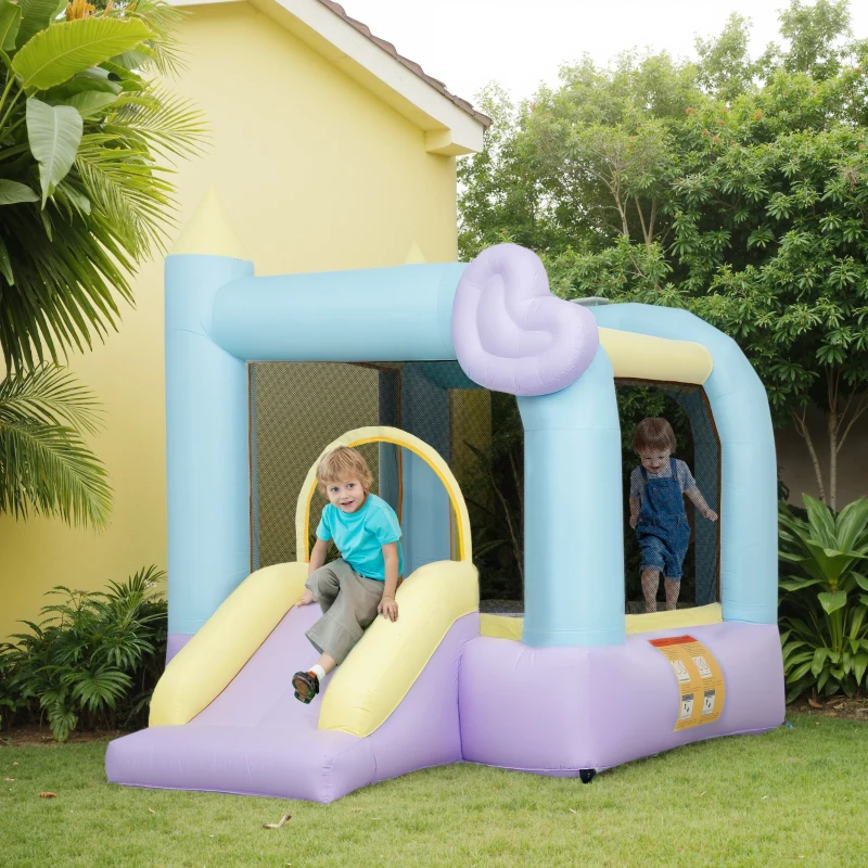 Qaba Inflatable Bounce House with Air Blower, Slide, Stakes, Repair Patches, Storage Bag, for Kids Ages 3-8, 98" x 65" x 79"