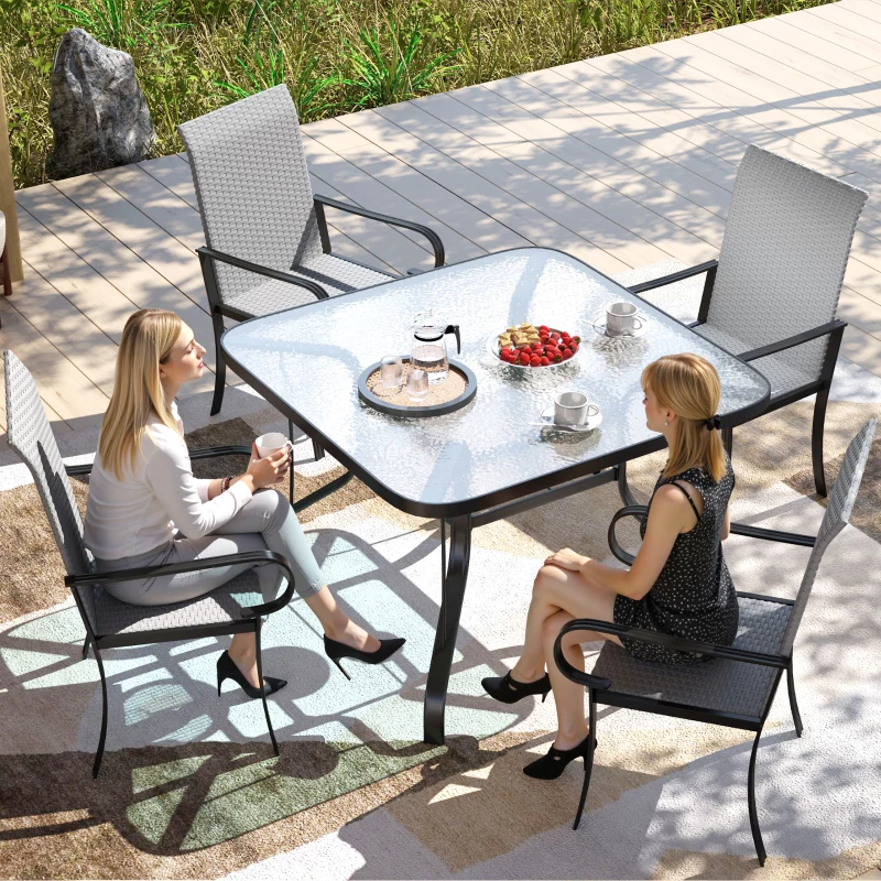 Outsunny Set of 4 Outdoor Wicker Dining Chairs with Armrest, Steel Frame, High Back and Deep Seating, Gray