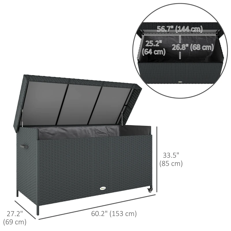 Outsunny 165 Gallon Deck Box, Wicker Outdoor Patio Storage Box with Waterproof Liner, Gas Strut and Universal Wheels, Black