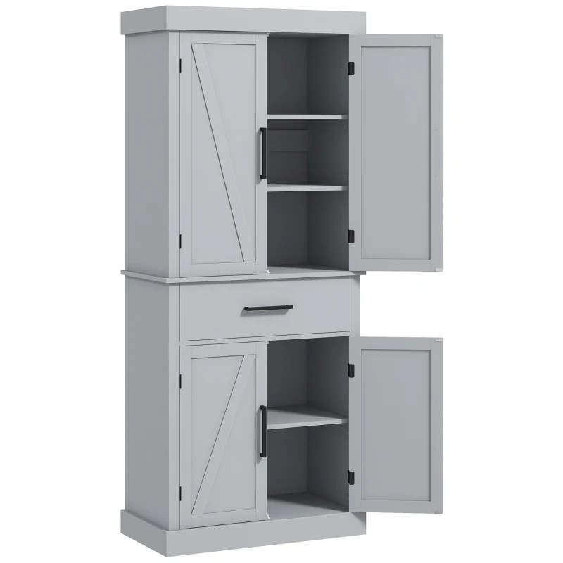 HOMCOM 72" Kitchen Storage Cabinet, Farmhouse Kitchen Pantry Cabinet with 4 Barn Doors, Drawer, Adjustable Shelves, Grey