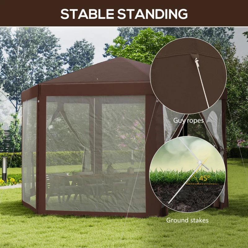 Outsunny 13' x 11' Hexagonal Party Tent, Canopy Tent with Nettings, Zipped Doors for Garden, Patio, Outdoor, Brown