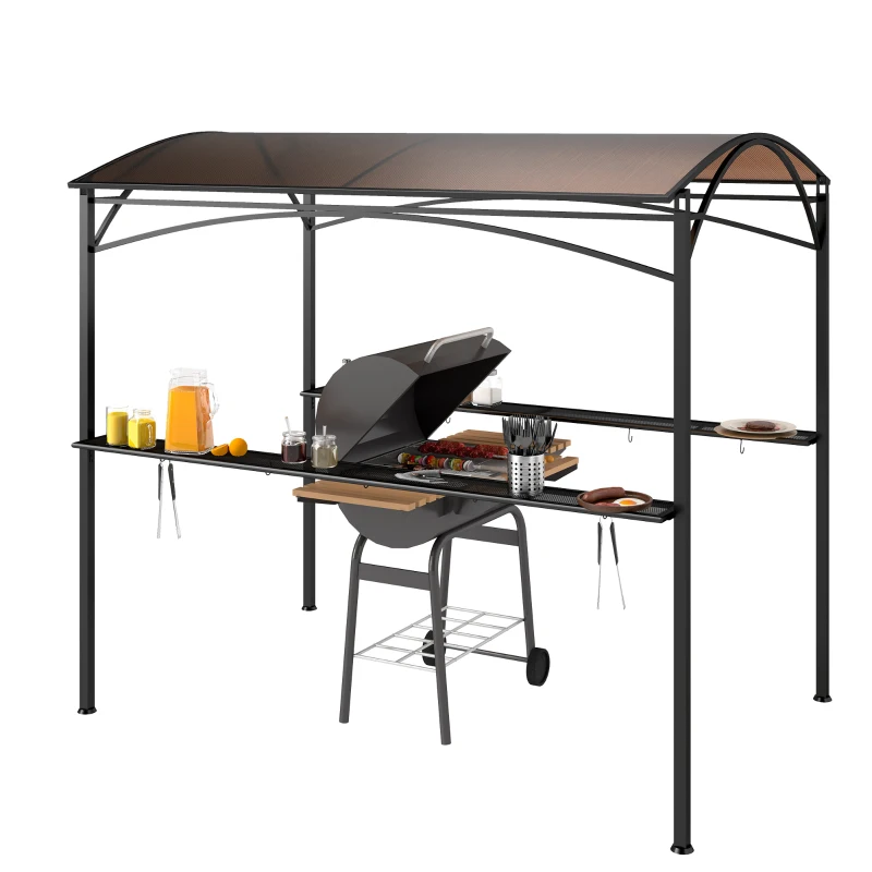 Outsunny 8' x 5' Hardtop Grill Gazebo, Outdoor BBQ Gazebo with PC Board Roof, BBQ Canopy Gazebo with 2 Side Shelves and 10 Hooks