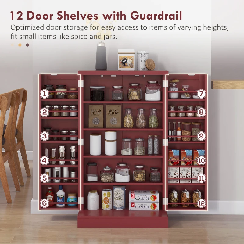HOMCOM Freestanding Kitchen Pantry, Kitchen Storage Cabinet with 5-Tier Shelf, 12 Spice Racks, Adjustable Shelves, Red