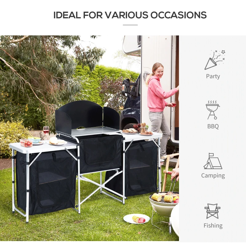 Outsunny Folding Camping Kitchen Table with Carrying Bag, Windscreen and 3 Enclosed Cupboards, Aluminum Cook Station, Black