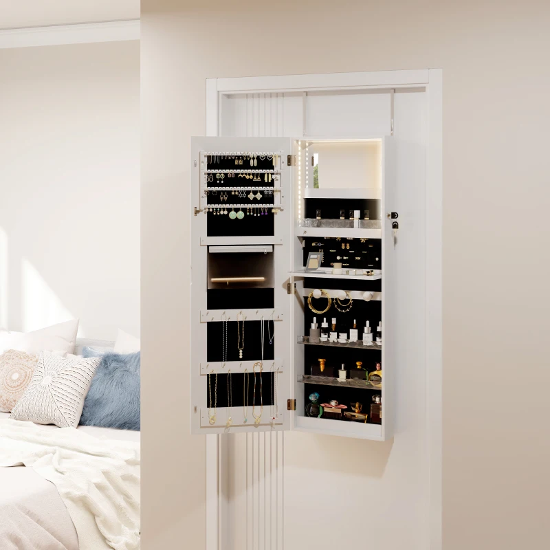 HOMCOM LED Lighted Jewellery Armoire with Mirror Jewellery Cabinet with Storage Lockable Door/Wall Mounted Jewellery Organizer, White