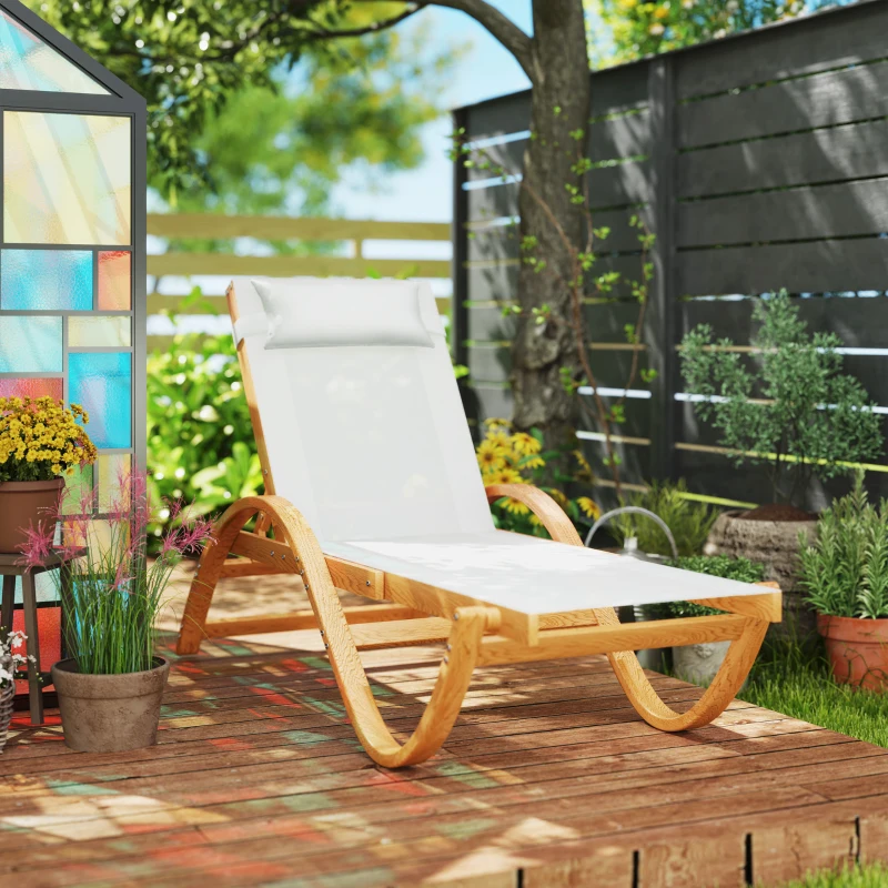 Outsunny Larch Wood Lounge Chair, 4-Level Adjustable Tanning Chair, Full Flat Patio Lounger with Mesh Seat, Cream White