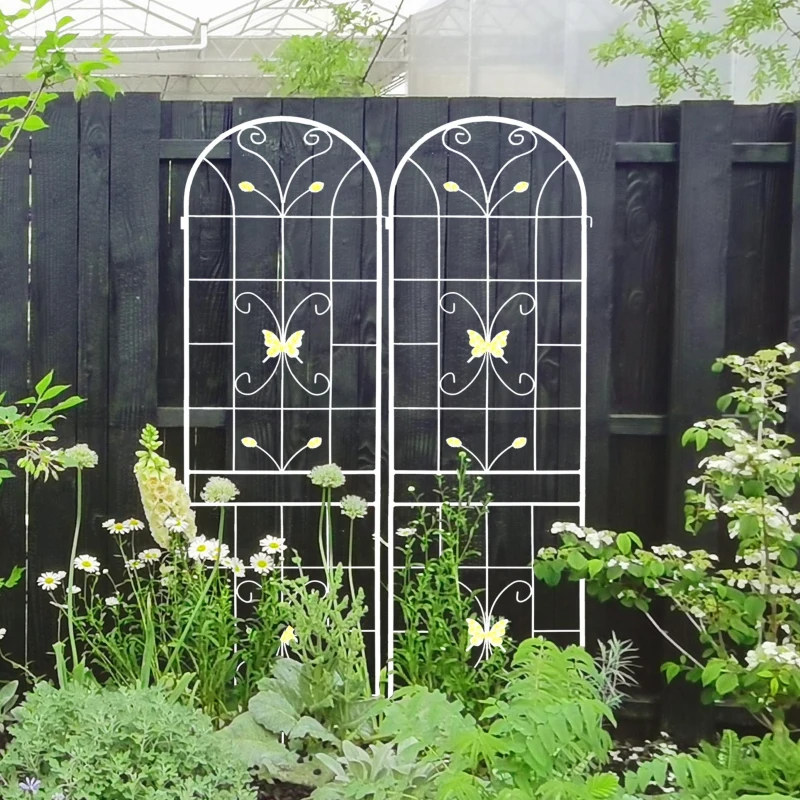 2 Pack Metal Garden Trellis with Butterfly Decoration and Powder Coated Iron, Rustproof Climbing Plant Support, for Outdoor Use, Cream White