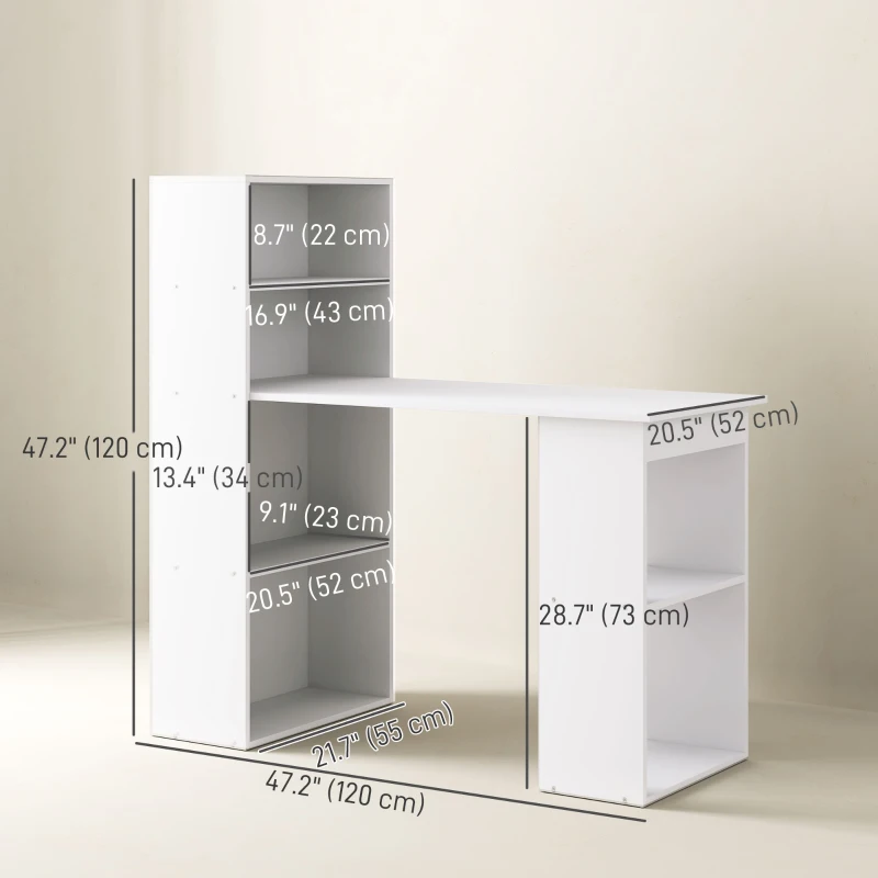 HOMCOM Modern Computer Desk with Storage Shelves, 47" Writing Table Workstation with Bookshelf for Home Office, White