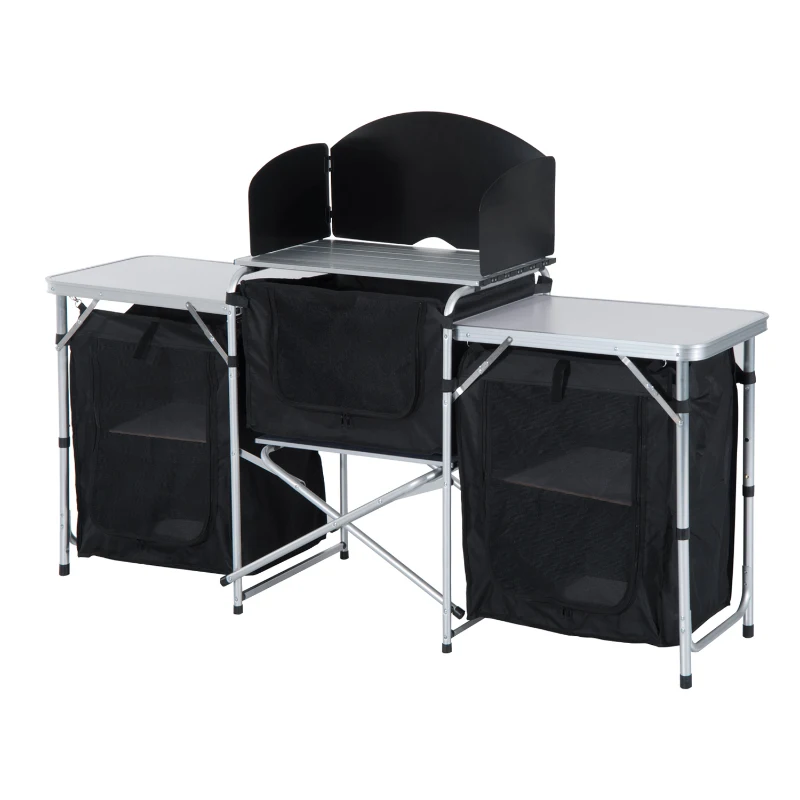 Outsunny Folding Camping Kitchen Table with Carrying Bag, Windscreen and 3 Enclosed Cupboards, Aluminum Cook Station, Black