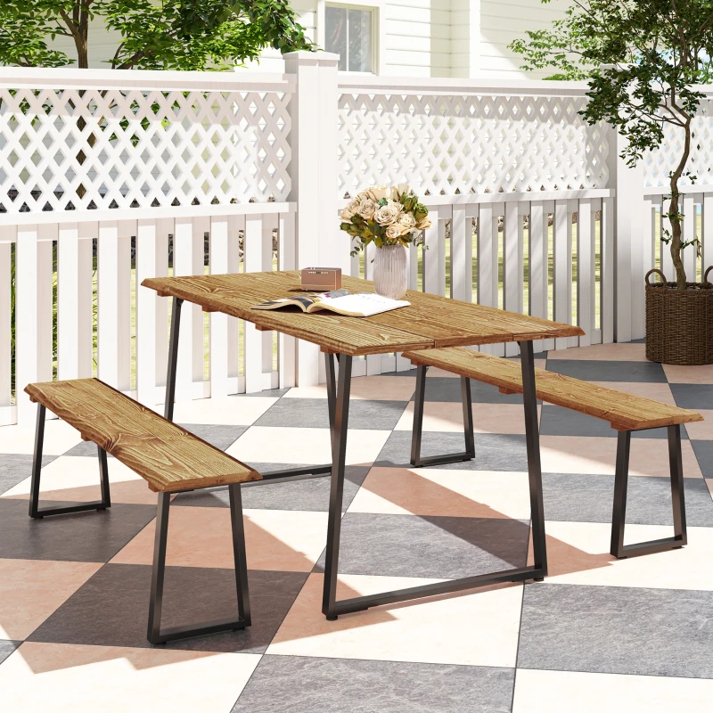 Outsunny Picnic Table and Bench Set for 6 Persons with 2" Umbrella Hole, Slatted Top & Steel Frame, for Party, BBQ, Patio, Lawn