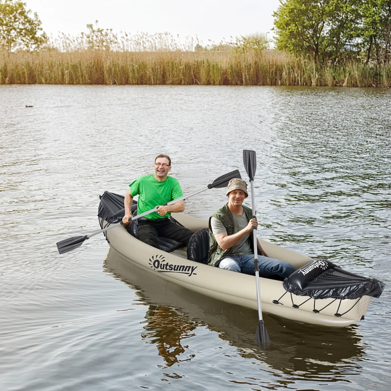 Outsunny K2 Kayak, 2 Person Inflatable Kayak, Includes Paddles, Aluminum Oars, Repair Kit, Portable Tandem Blow Up Boat, Beige