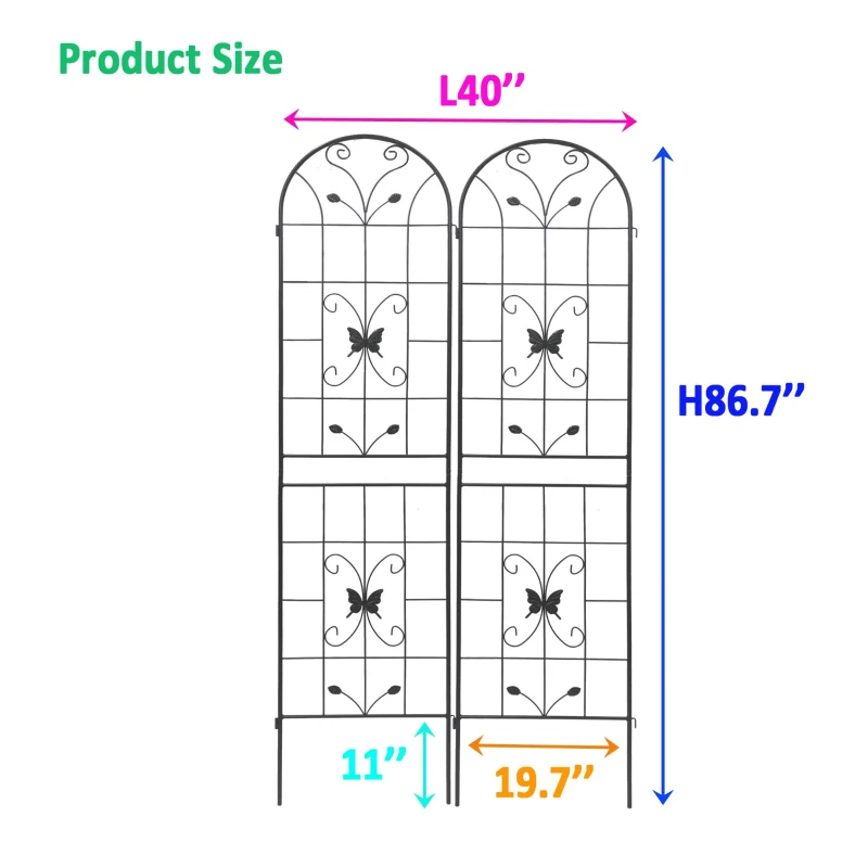 2 Pack Metal Garden Trellis with Butterfly Decoration, for Outdoor Climbing Plant Support, Rustproof, Black
