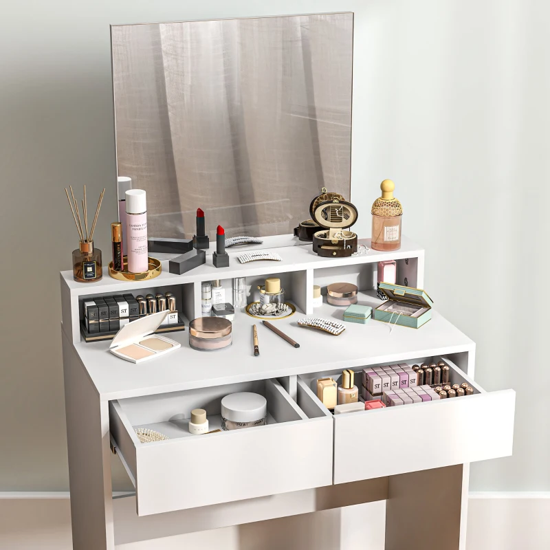 HOMCOM Makeup Vanity Table with Mirror, for Bedroom, Modern Dressing Table with Drawers, Compartments, White