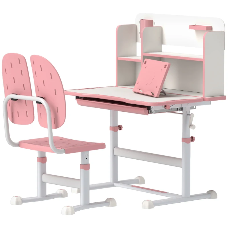 Qaba Adjustable Height Kids Desk and Chair Set, Kids Study Table and Chair with Tilt Desktop, Drawer, Reading Rack, Pink