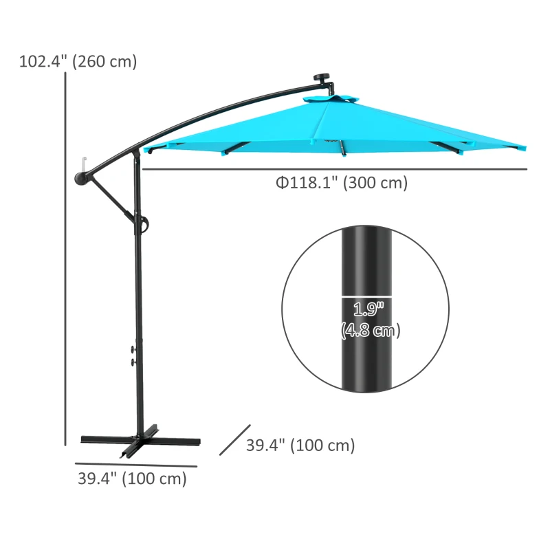 Outsunny 10ft Outdoor Cantilever Umbrella Banana Umbrella with Solar Lights and Adjustable Angle for Patio Backyard Turquoise