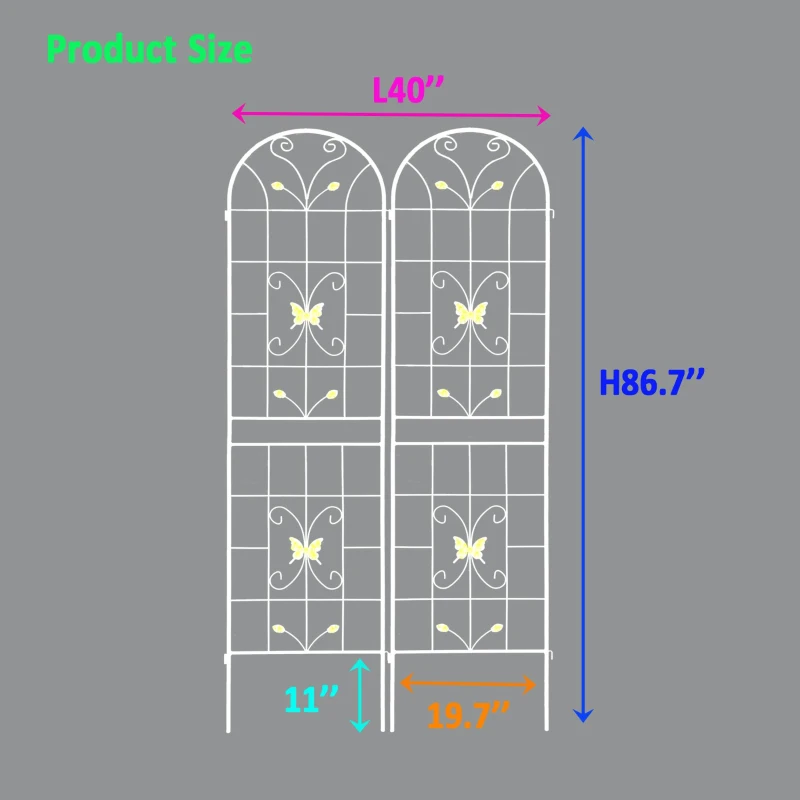 2 Pack Metal Garden Trellis with Butterfly Decoration and Powder Coated Iron, Rustproof Climbing Plant Support, for Outdoor Use, Cream White