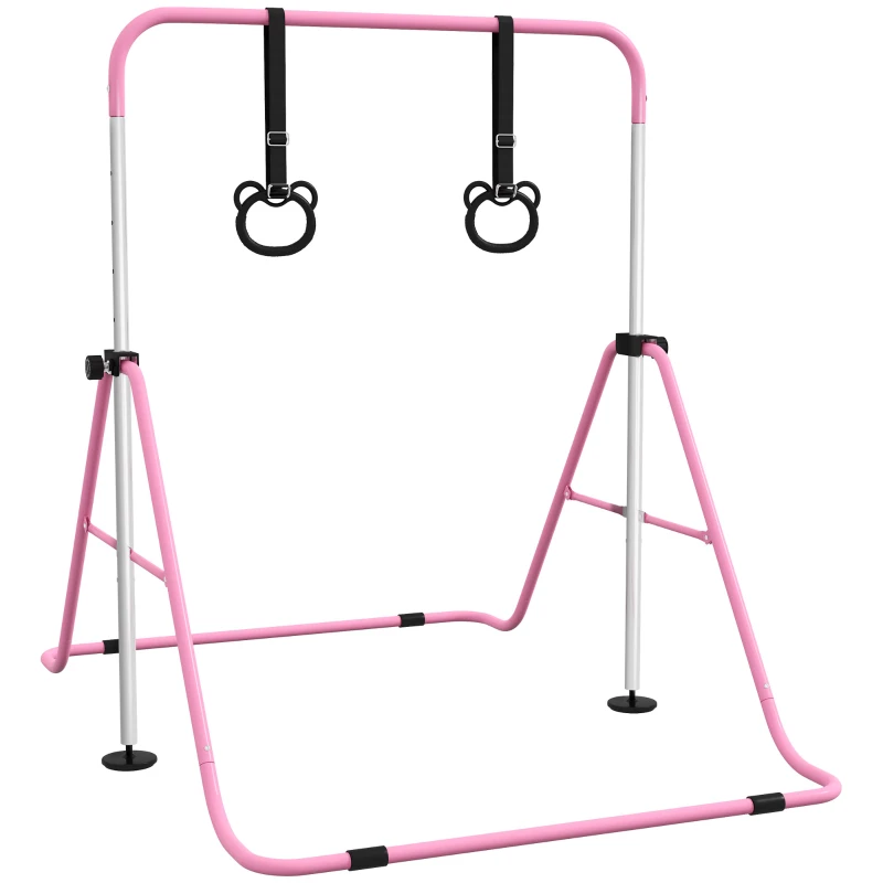 Qaba Kids Gymnastics Bar, Adjustable Height Folding Horizontal Bar with Gymnastics Rings, Non-slip Rubber Floor Rings, Pink
