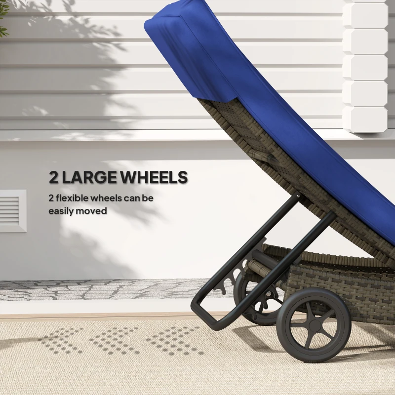 Outsunny Patio Wicker Chaise Lounge Chair, Outdoor PE Rattan Sun lounger with Adjustable Backrest and 2 Wheels, Dark Blue