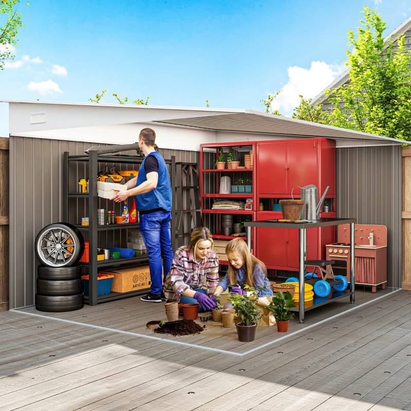 Outsunny 11' x 9' Steel Garden Storage Shed, Outdoor Metal Tool House with Double Sliding Doors & 2 Air Vents, Grey