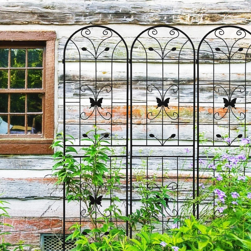 2 Pack Metal Garden Trellis with Butterfly Decoration, for Outdoor Climbing Plant Support, Rustproof, Black