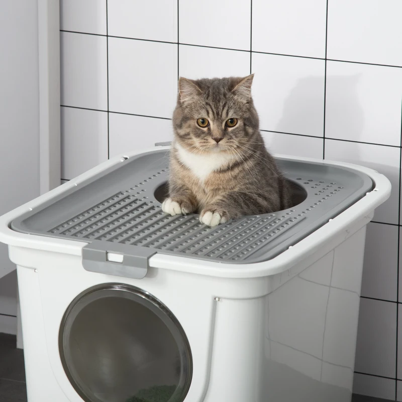 PawHut Covered Cat Litter Box, Easy Cleaning Kitty Litter Box with Front Entrance, Top Exit, Scoop, for Odor Control, White