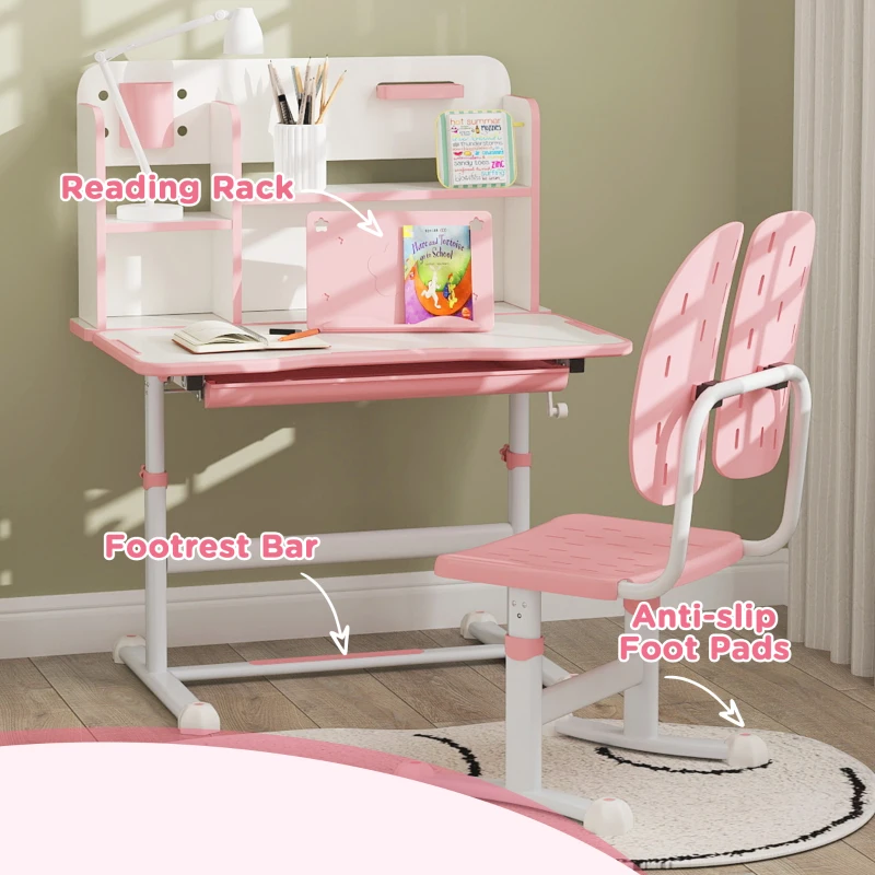 Qaba Adjustable Height Kids Desk and Chair Set, Kids Study Table and Chair with Tilt Desktop, Drawer, Reading Rack, Pink