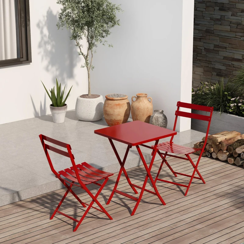 3-Piece Patio Bistro Set with Foldable Square Table and Chairs, Durable and Sturdy Design, Red