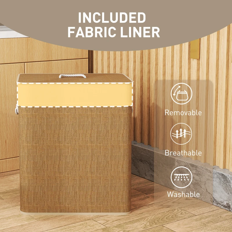 HOMCOM Double Laundry Basket with Lid, 26.4 Gallon Bamboo Laundry Hamper with Rope Handles and Removable Liner, Brown